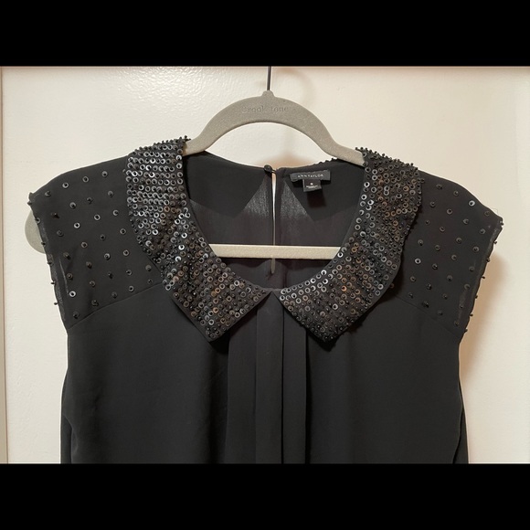 *on hold* Ann Taylor Black Sequin Beaded Collar Blouse - Picture 5 of 12